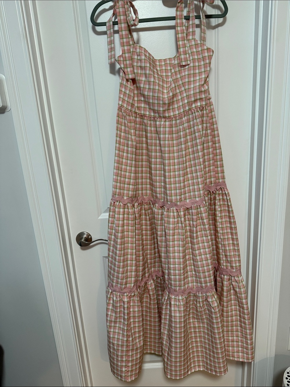 Girls Pink Plaid Tie-Shoulder Tiered Sundress